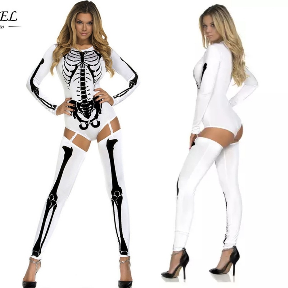 SEXY SKELETON Bodysuit Garter Costume Halloween F